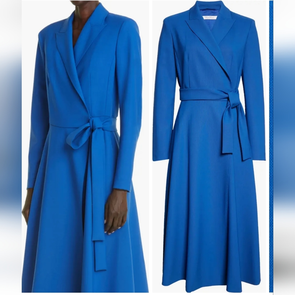 MaxMara Afelio Belted Long Sleeve Wool Coat Dress In Cornflower Blue Size 14 NWT